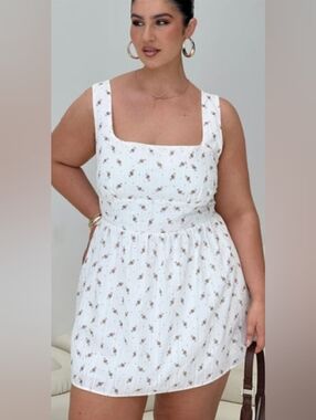 Princess Polly Samana Mini Dress White Curve Square Neck Cotton Floral- 14